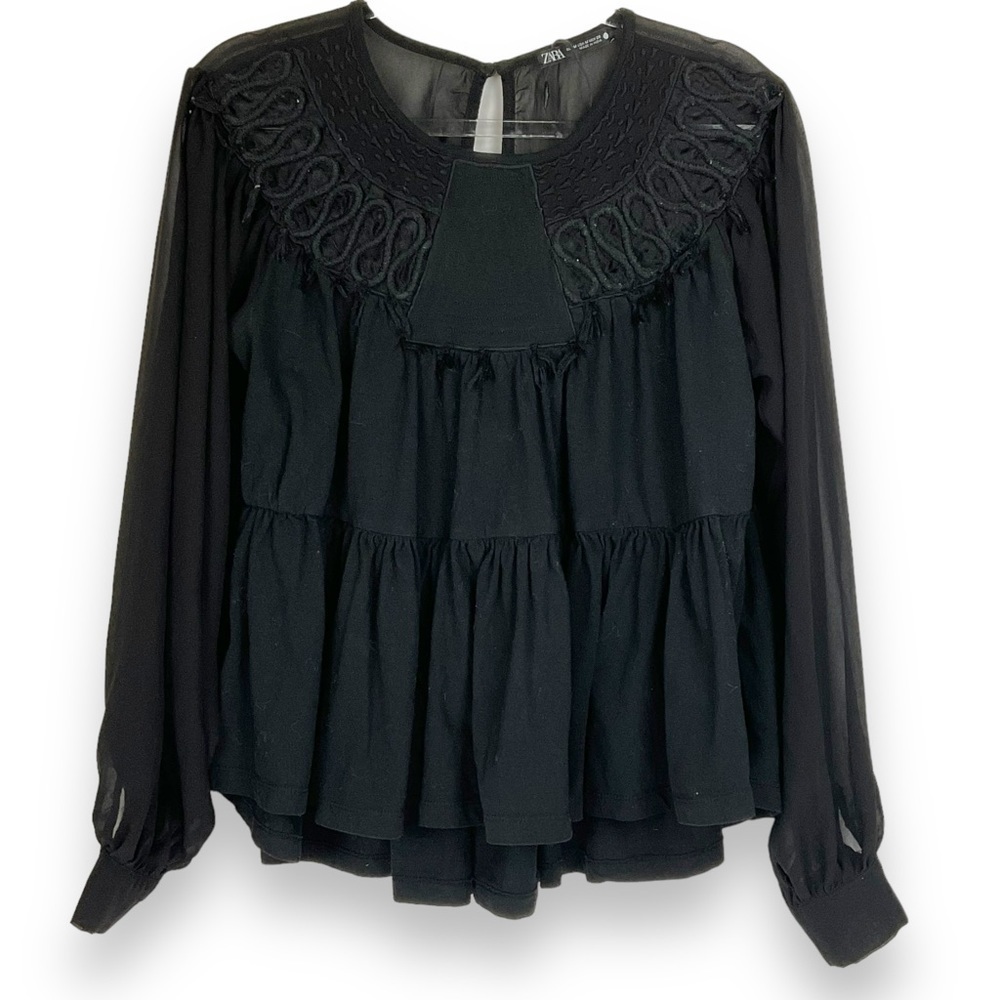 Zara Top Boho Tiered Embroidered Loose Sheer Womens Size M